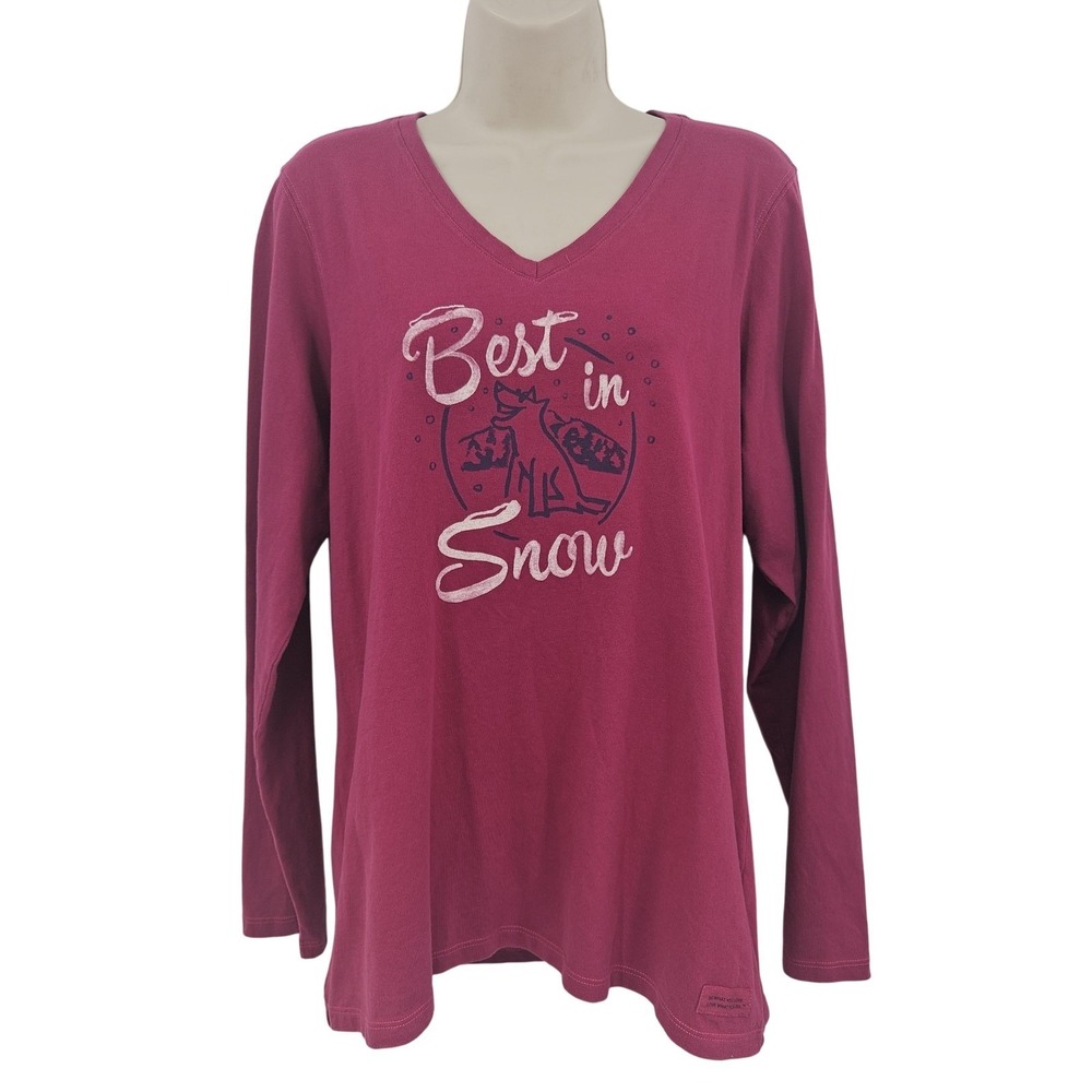Life is Good Shirt Women L Pink Long Sleeve Best in Snow Dog Graphic Novelty